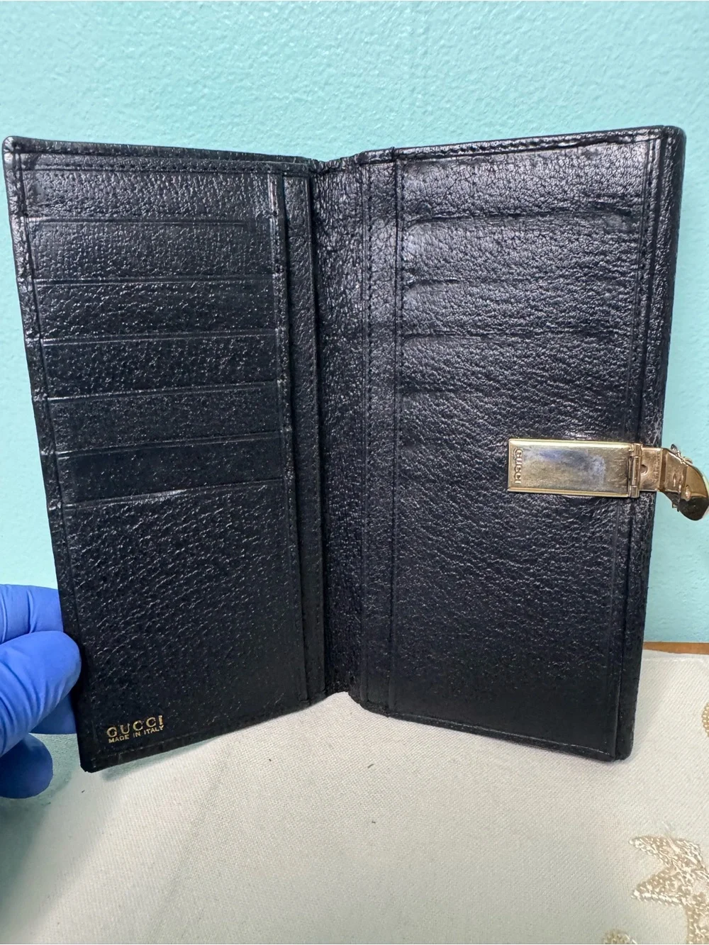 Gucci Black Leather Wallet with Gold-Tone Clasp